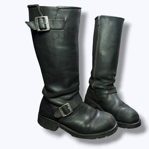 RIDE TECs Men's Black Leather Engineer Biker Boots Mid-Calf Round Toe Men's 8.5